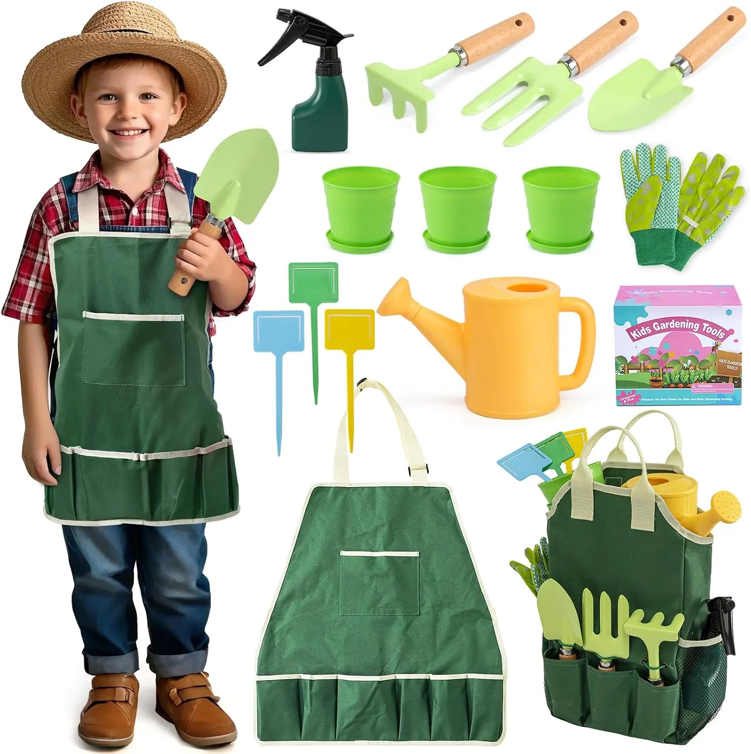 Kids Gardening Tools Set, Garden Toys w/Wooden Handle Alloy Rake,Fork,Trowel, Watering Can,Gloves,Tote Bag,Plant pots, DIY Bookmark Kits, Spring Summer Toy Outdoor Gift for Toddler Boy GirlGift.