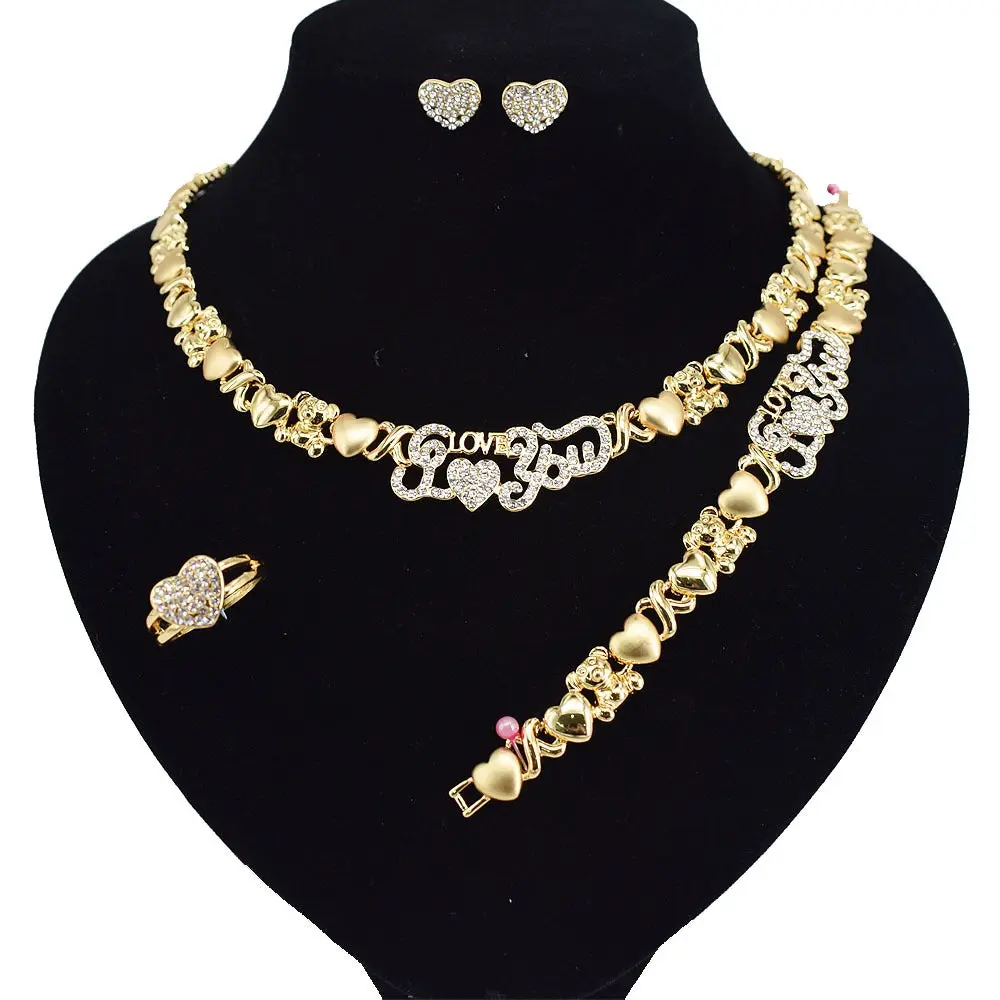 Women's Teddy-Themed "I Love You" HUGS & KISSES Matching Gold Jewelry Set, Fashionable Costume Jewelry Set with Necklaces and Bracelets #8, Fashionable Jewelry Set
