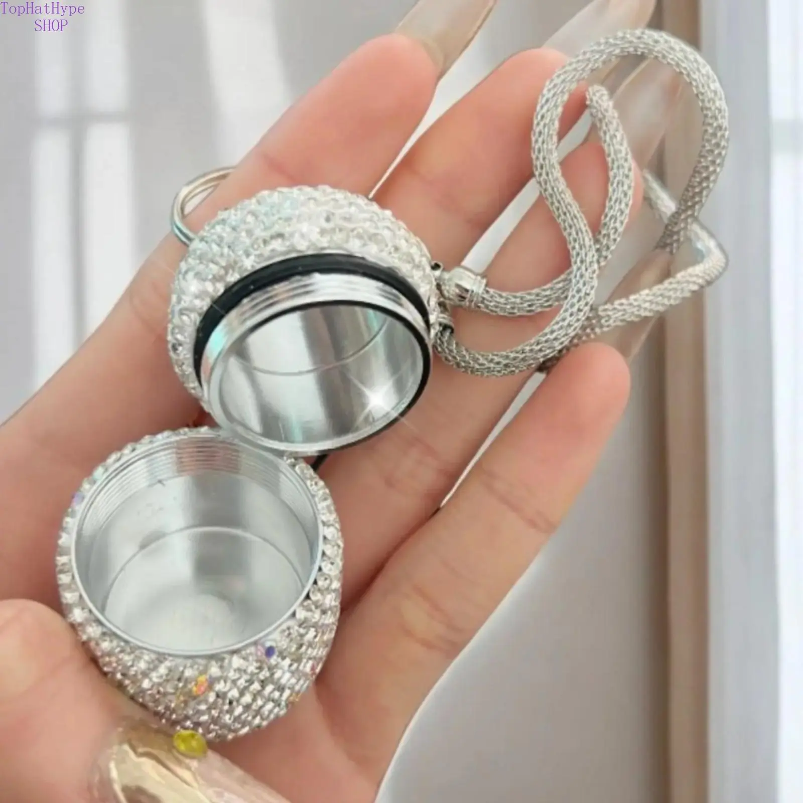 Bling Rhinestone Pill Organizer for Women, Portable Waterproof Aluminum Alloy Mini Container with Keychain for Travel, 10ml Prop 65 Safe