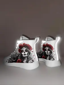 Valentine's Day Men's Fashionable Reflective Skull & Rose Pattern High Top Sneakers, Casual Comfortable Breathable Sports Shoes, Male All-match Round Toe Shoes for Daily Wear