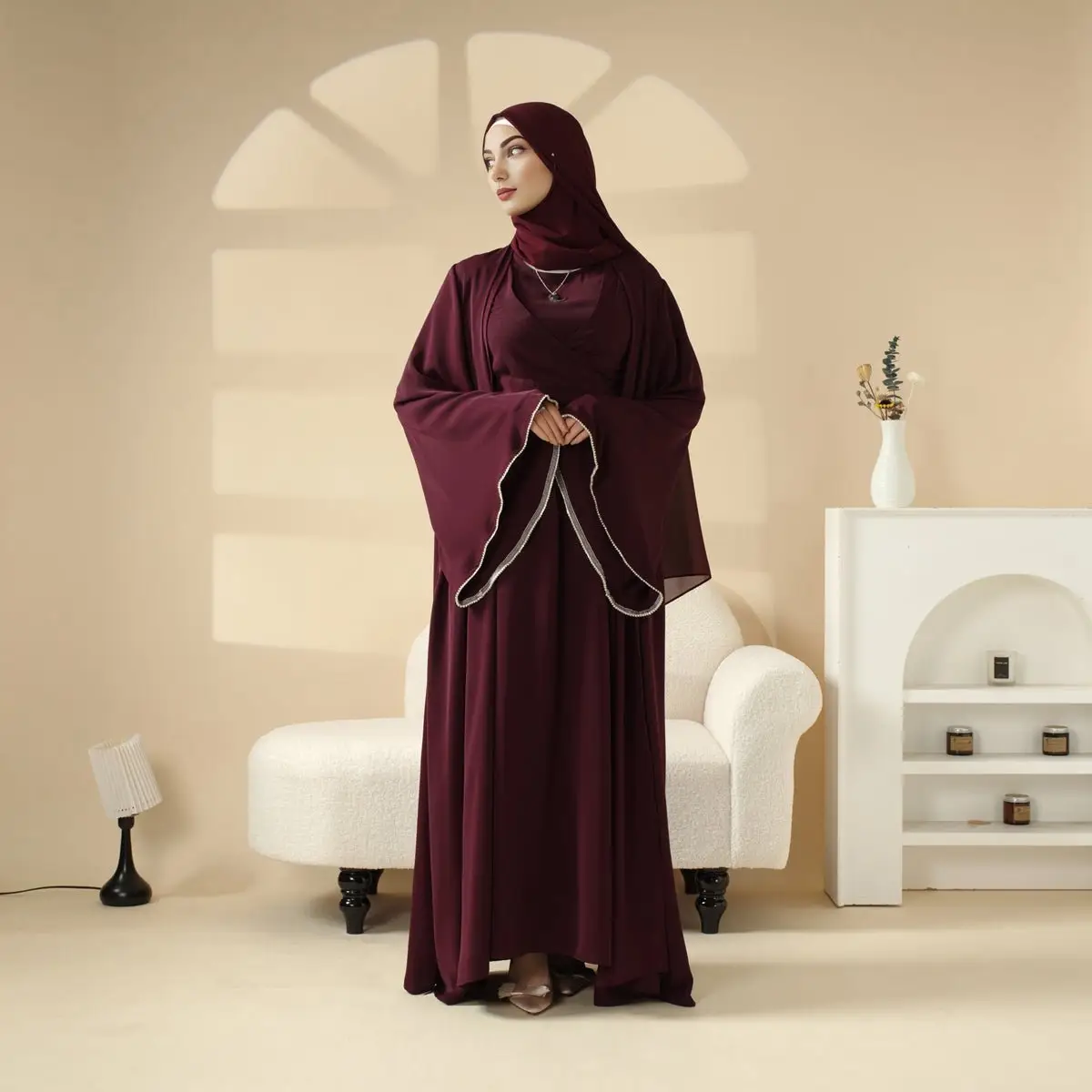 Formal Chic Open Kimono Abaya Set, Kimono Style Abaya 3-Piece Set (MOA094)