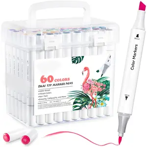 Markers Brush Chisel Tip: Water-Based 60 Colors Double Tipped Art Markers for Adults Coloring Books Kids Calligraphy Drawing Sketching Bullet Journal with 1 Colorless Blender and Case