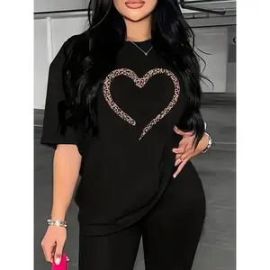 Women's Classic Fit 100% Cotton Fitted Casual Streetwear T-Shirt - Round Neck, Short Sleeve, Soft Flat Fabric, Heart Printed Design, Embroidered Love, Machine Washable Sweatshirt