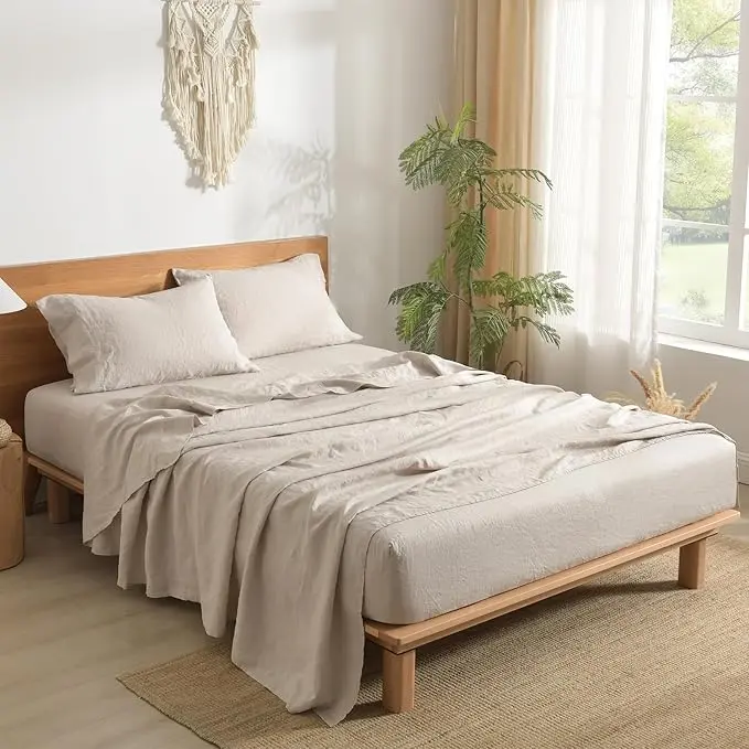 Sonoro Kate Natural Linen King Size 4-Piece Linen Bedding Set - 16 in Deep Pocket Sheets, Soft, Breathable, Durable, Cooling Bedding, Skin-Friendly, Warm, Fade-Resistant, Wrinkle Resistant, Machine Washable, Airy Linens Flat Sheets