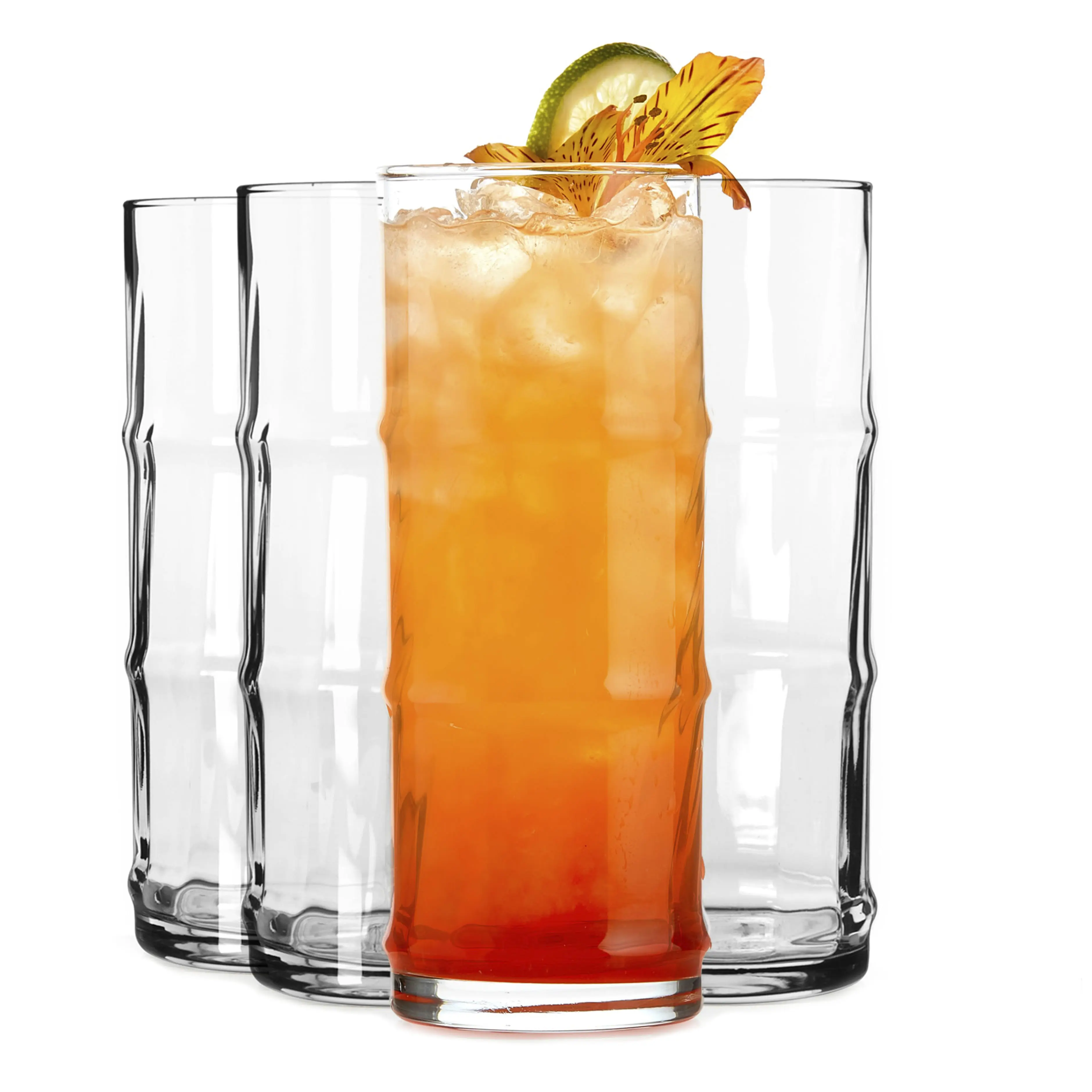 Libbey Tiki Bamboo Highball Drinking Glasses Set of 4, Iconic 16 Oz Tall Cocktail Glasses, Modern Drinking Glass Cups for Backyard and Summer Parties