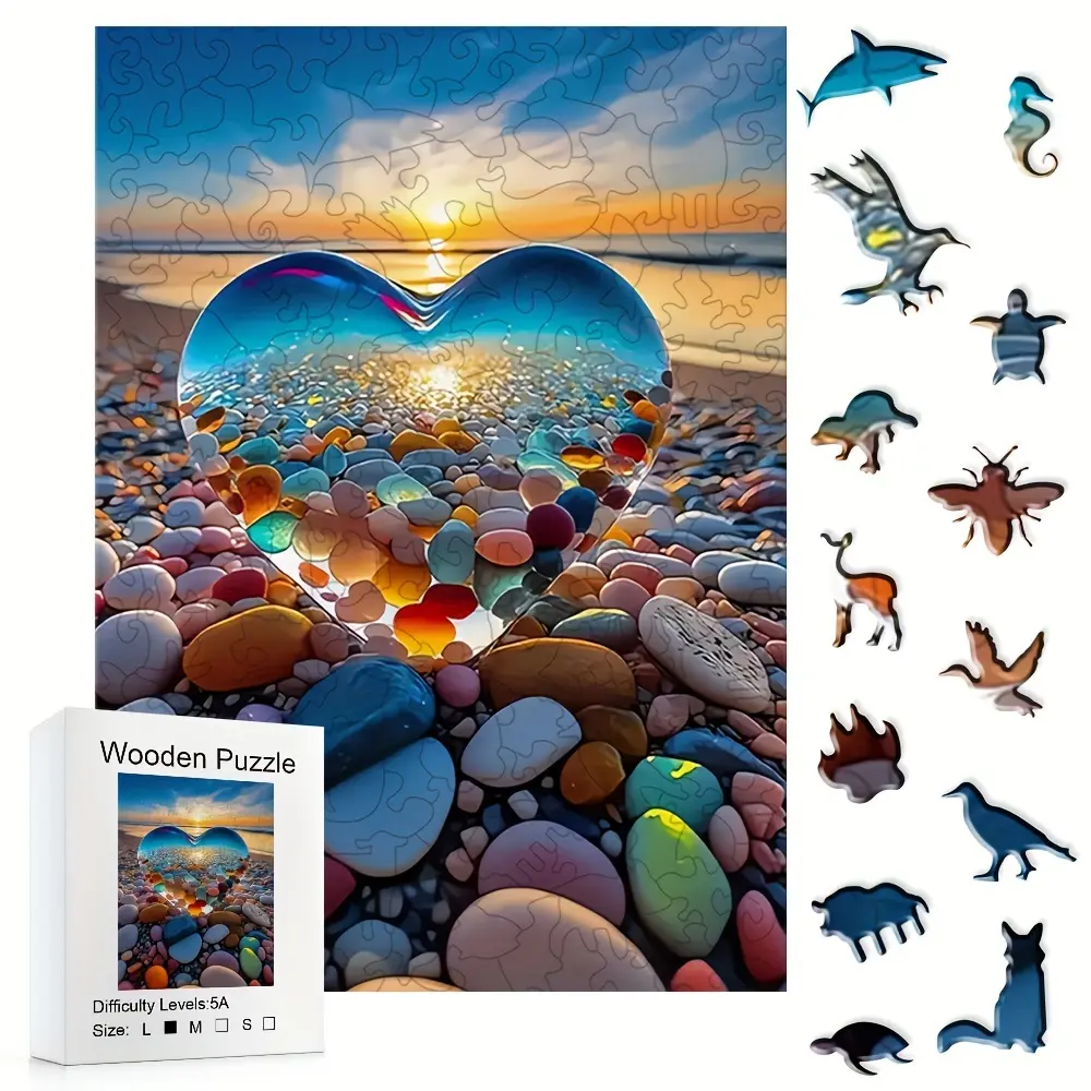 This 5A Difficulty Heart Glass Beach Wooden Puzzle color stone, heart-shaped glass and sunset reflection details are fully pulled, immersed in decompression, challenge, romantic beach, gift selection, romantic fans, puzzle party, parent-child interaction