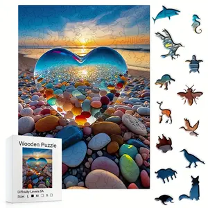 This 5A Difficulty Heart Glass Beach Wooden Puzzle color stone, heart-shaped glass and sunset reflection details are fully pulled, immersed in decompression, challenge, romantic beach, gift selection, romantic fans, puzzle party, parent-child interaction