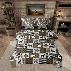 Lodge Plaid Comforter Set 7 Pieces Bear Deer Bedding Set for Kids Boys Girls Cabin Farmhouse Rustic Bed in a Bag Country Bedroom Decor Brown Quilted Soft