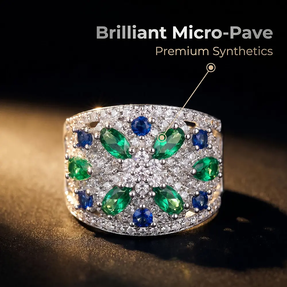Vintage Openwork Cocktail Ring for Women, Wide-Band Statement Jewelry with Sparkling Multi-Colored Synthetic Sapphire and Emerald Gemstones, Elegant Fashion Rings, Sparkling Rings