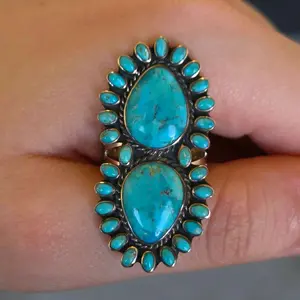 Kingman Turquoise Sterling Silver Ring with designs on band