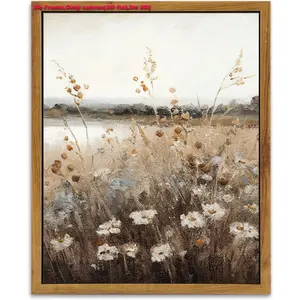 1pc 2D flat Vintage Wall Art Unframed, Retro Countryside Autumn Wildflower Field Landscape Canvas Painting Floral Prints Farmhouse Decor Wall Art, Rustic Fall Landscape Bathroom Wall Decor for Bedroom Living Room