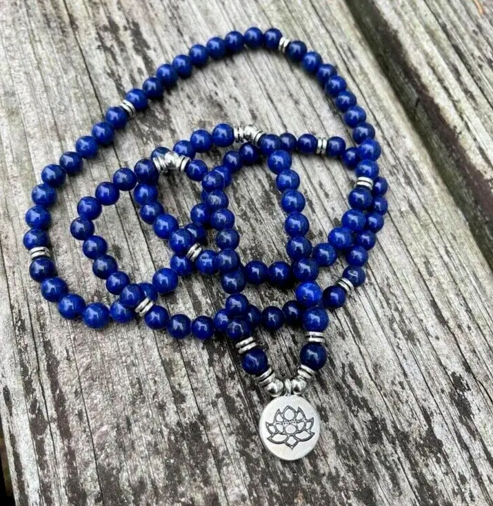 Lapis Lazuli 108 Bead Mala Necklace, 36 in Convertible Spiritual Wrap Bracelet with Pendant Design, Positive Energy Crystal Jewelry Gift for Adults, Couples, Mala Beads, Casual