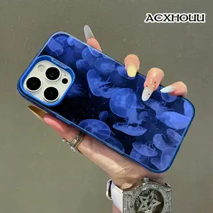 Compatible for iPhone 17 16 E Pro Max 15 Plus 14 13 12 11 XR XS Case Screen Protector Glowing Blue Jellyfish Pattern Shockproof Military Grade Protection