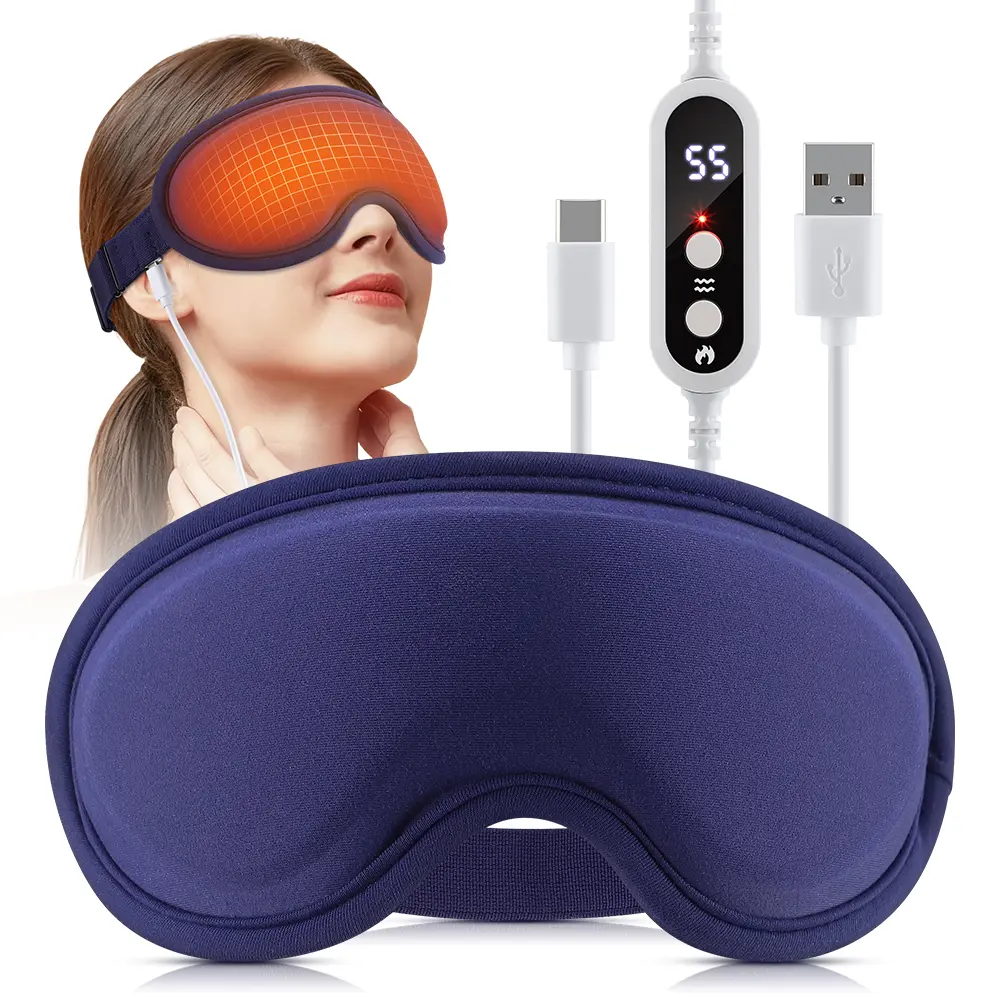 3D USB Heated Vibration Eye Massager Sleep Mask, 5 Heat Levels & 6 Vibration Modes, Dark Blue Light Blocking Hot Compress Eye Mask with 15-Min Auto Timer, Skin-Friendly Sponge Eye Heating Pad for Relieving Eye Strain, Dark Circles & Better Sleep