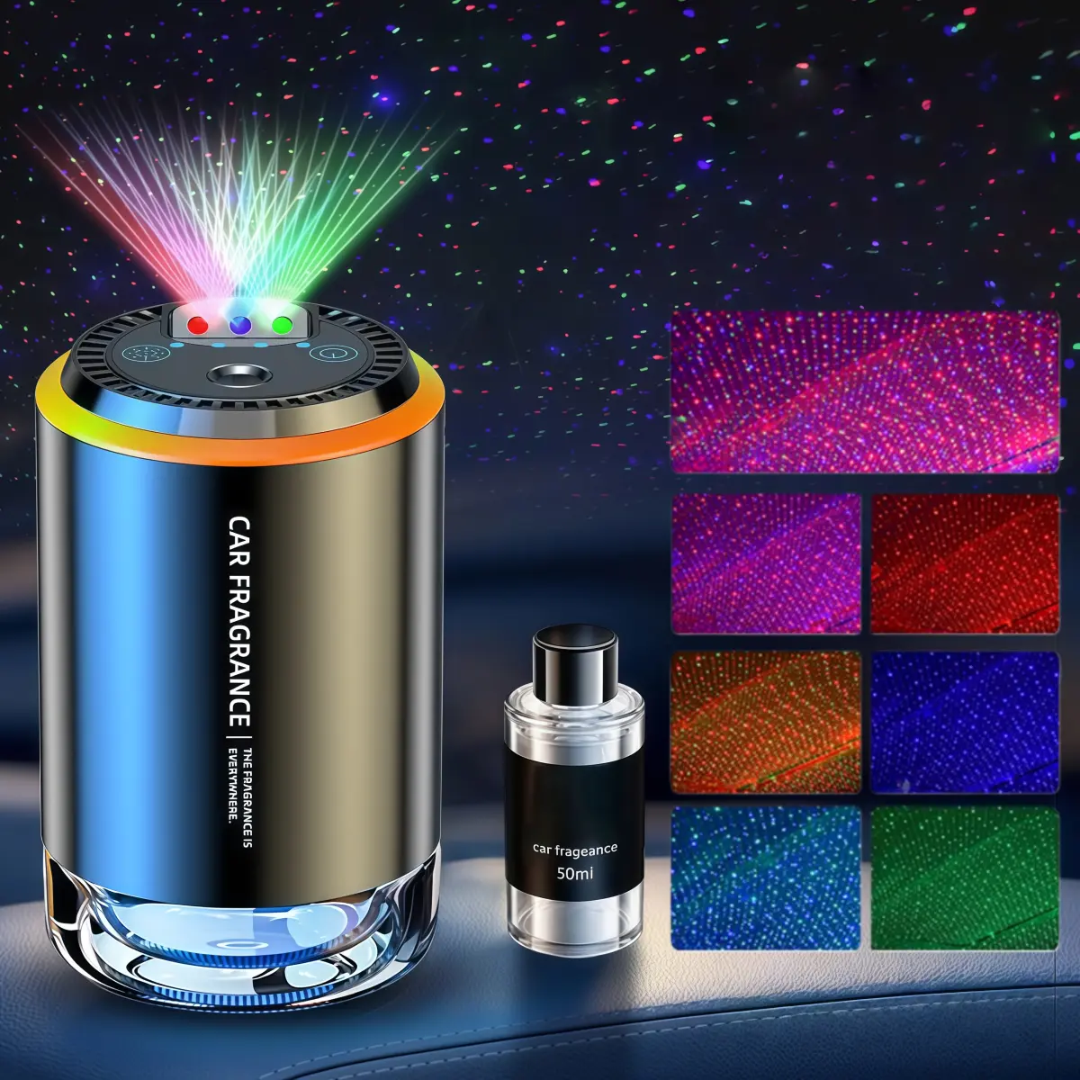 Smart Car Air Freshener Diffuser (Cologne) with Starry Sky Projection and 50ml Perfume, Auto On/Off Intelligent, 3 Mode Adjustable Rechargeable Aroma Diffuser, Universal For BMW Chevrolet Ford Honda Jeep Nissan Toyota Mercedes-Benz Hyundai Volkswagen, Car