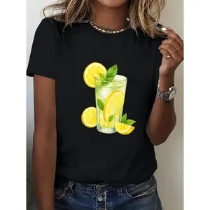WOS Lemon Print Knit T-Shirt | Black and yellow summer casual top featuring lemon slice and mint leaf patterns, breathable loose fit short-sleeve shirt with a crew neckline, machine washable, comfortable for all seasons Rifle