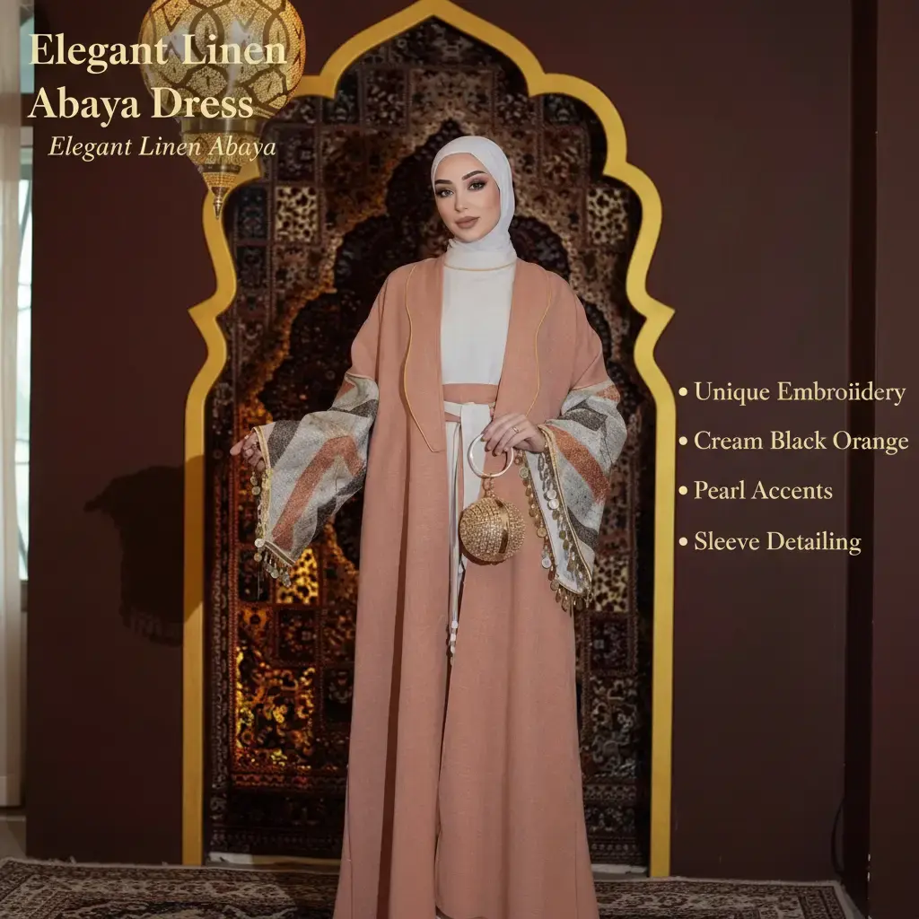 Linen Elegant Kuwait Daraa Abaya dress with unique cream black and orange Embroidery on sleeves with pearls