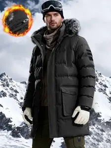 Men's Winter Thickened Long Hooded Jacket with Detachable Fur Collar, Fashion Casual Outdoor Zipper Cotton Coat, Large Pockets, Fitted Style