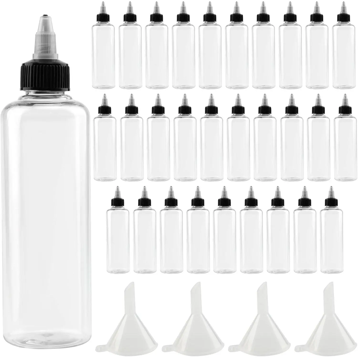 30 count 8 oz Plastic Squeeze Bottles, Round Dispensing Bottles with Twist Top Cap and Funnel for Crafts, Kitchen, Household, Clear