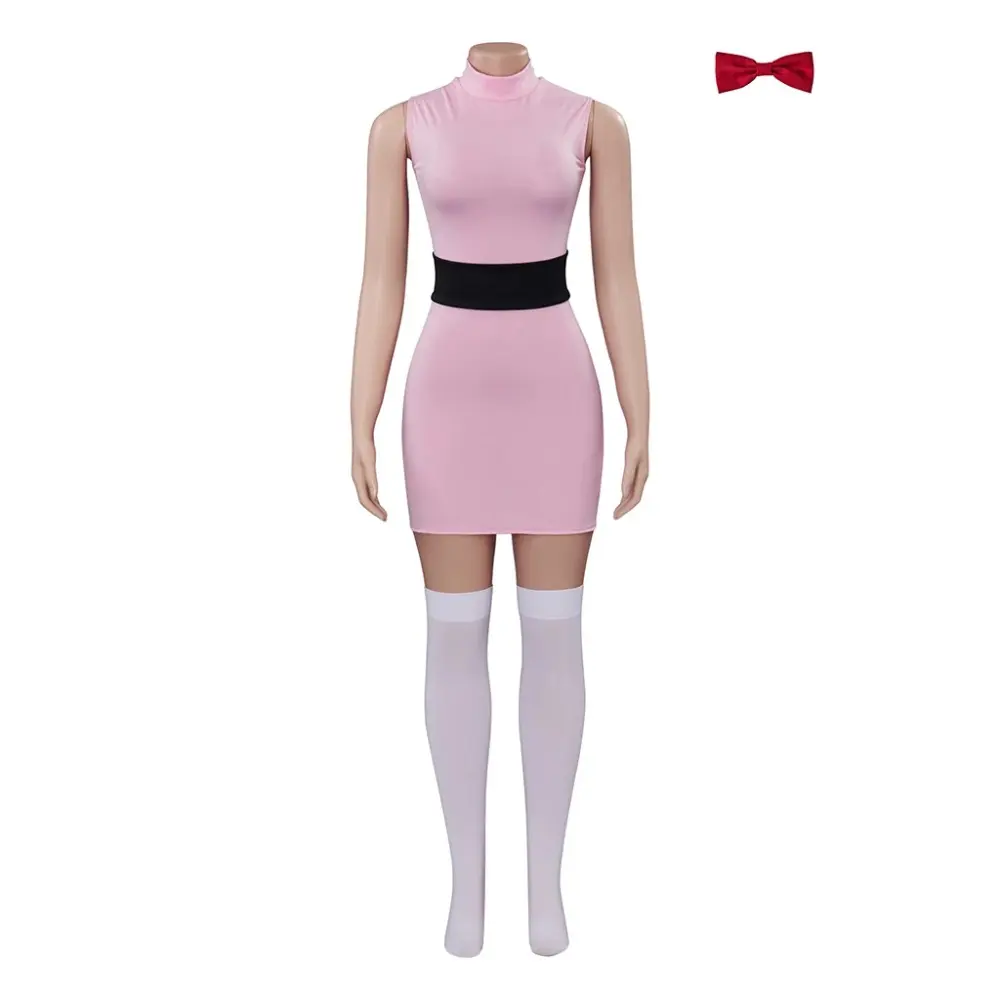 Women's Stretchy Pink Powerpuff Superhero Costume Dress with Belt - Fitted Polyester, All Seasons, Character Events, S-XXXL, Flattering Cut, Comic Cosplay Special Clothing