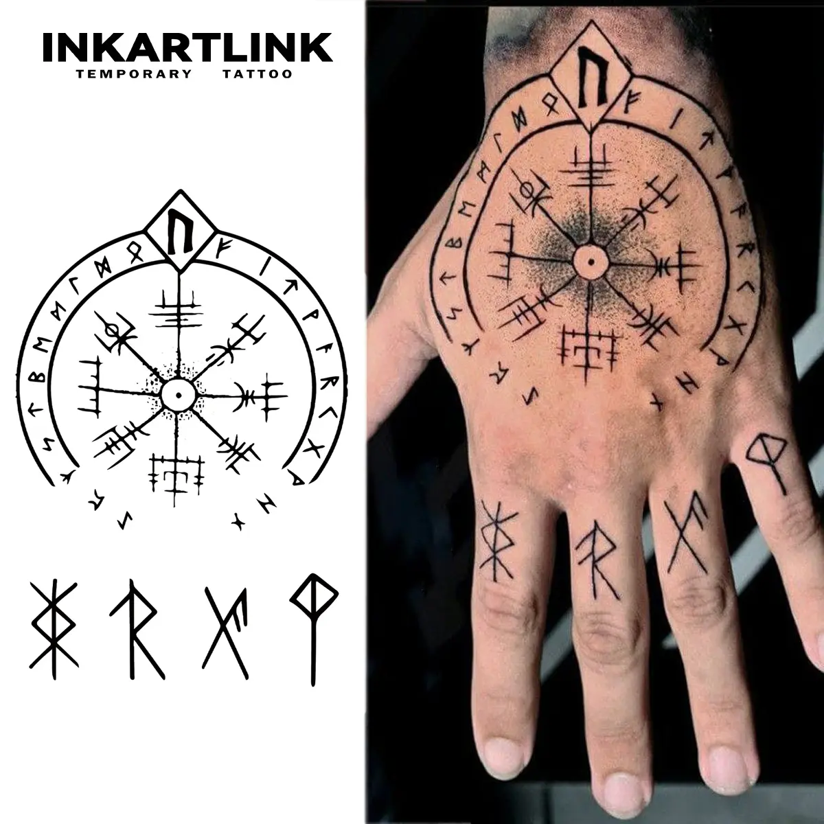 INKARTLINK 2-Sheet Viking Compass Vegvisir & Norse Runes Temporary Tattoos for Adults, Waterproof Peel-Off Realistic Ephemeral Fake Hand Tattoos, Suitable for All Skin Types, Ephemeral Tattoos