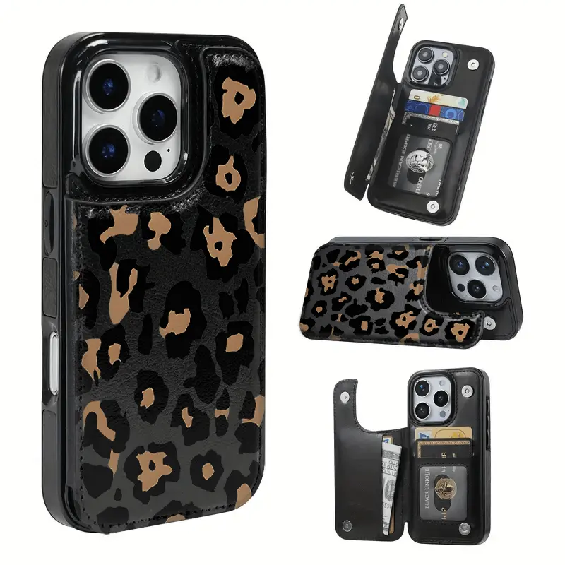 Minimalist Fashion Leather Card Holder Phone Case - Black Brown Leopard Spot Pattern, Compatible with iPhone 17 Air/16 Plus/15 Pro Max/14 Pro/13/12/11/XS Max/X, Smartphone Casing Accessories for Cellphone Protection, Ideal Holiday Gift for Loved Ones, Cov