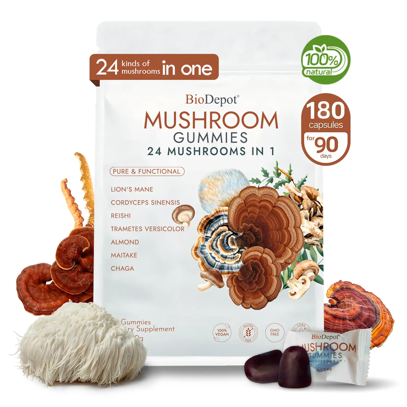 Biodepot Natural Chewable Gluten-Free Mushroom Gummies - Ancient Formula Dietary Supplements with 24 Mushroom Types, Ashwagandha, Ginseng, for Stress Relief, Energy Support, Capsule-Alternative Option, Capsules