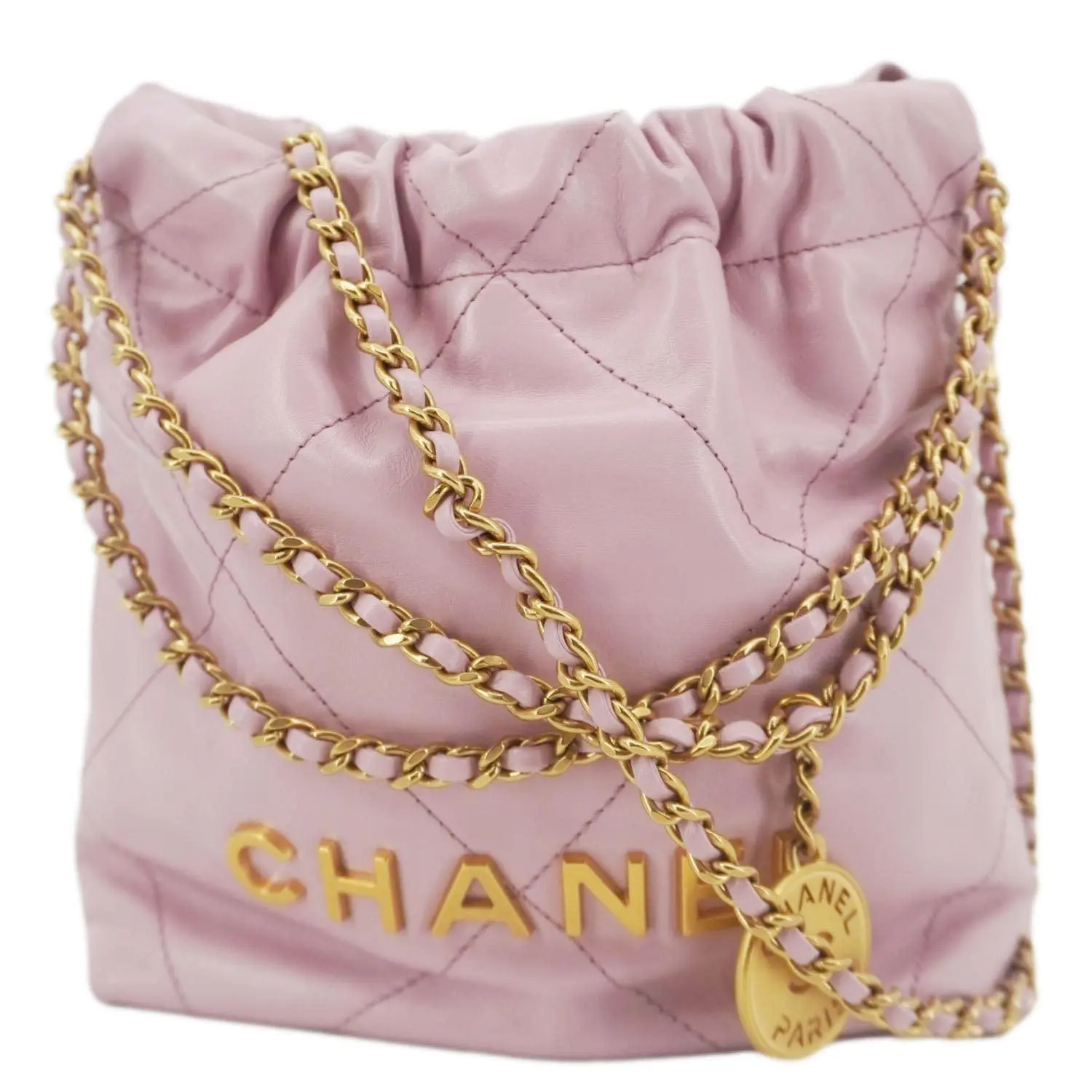 Pre-owned CHANEL Shiny Calfskin Leather Crossbody Bags 22 Mini Chain Crossbody Bag Pink