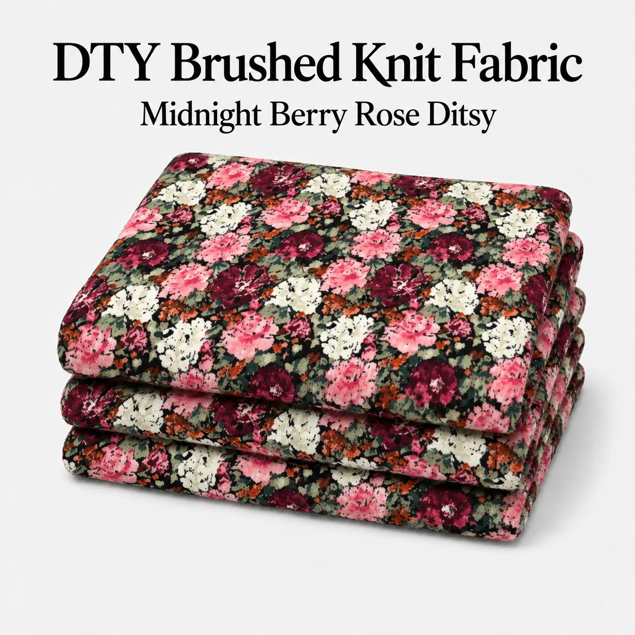 Midnight Berry Rose Ditsy DTY Brushed Knit Fabric, 96 Poly 4 Spandex, 4-Way Stretch, 58 in, 180 GSM, by the Yard