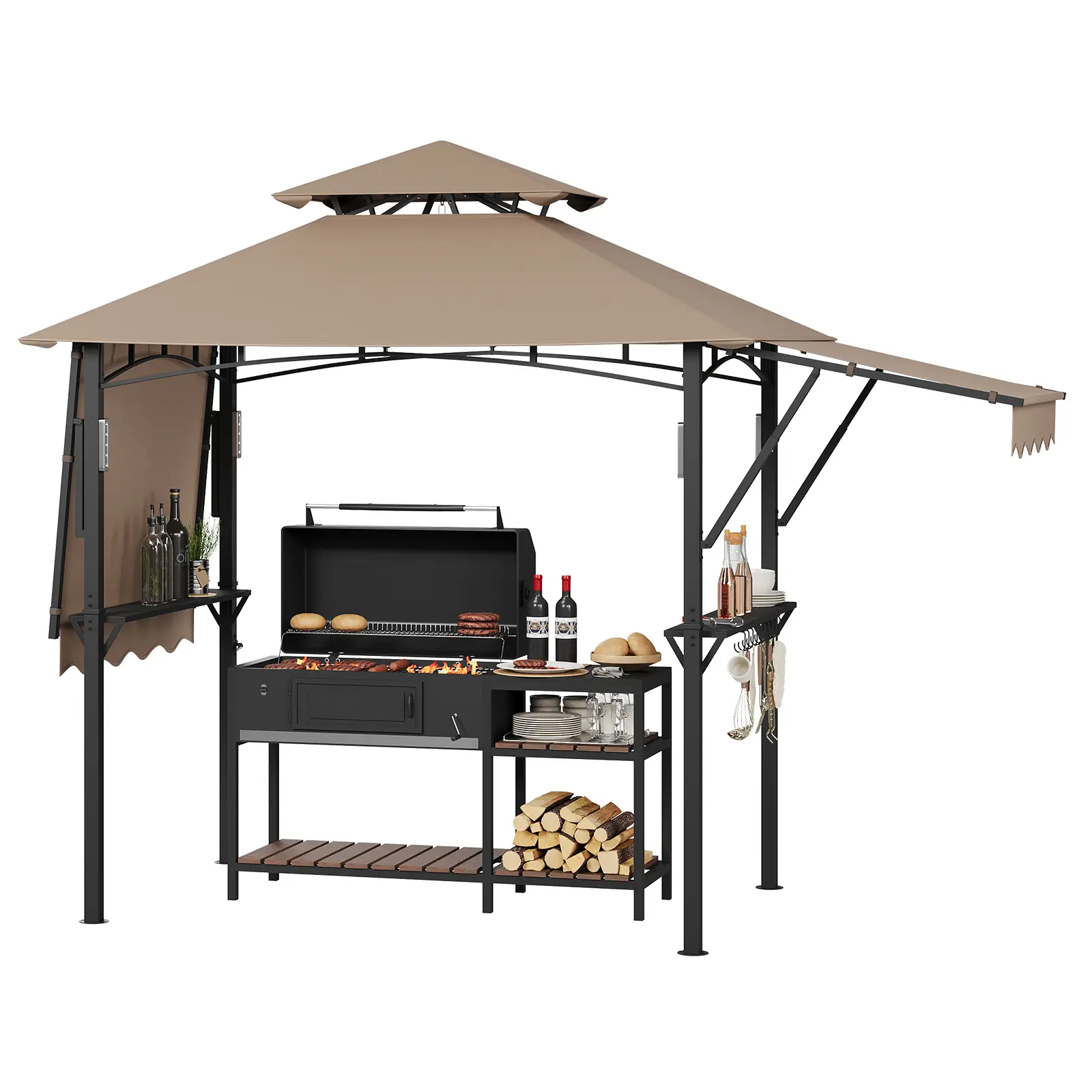 8x5 ft Heavy Duty BBQ Grill Gazebo, Double-Tier Steel Patio Shelter with Adjustable Dual Side Awnings – Includes 2 Utility Shelves, Hooks and Ceiling Light Hook – Perfect for Backyard, Lawn or Garden