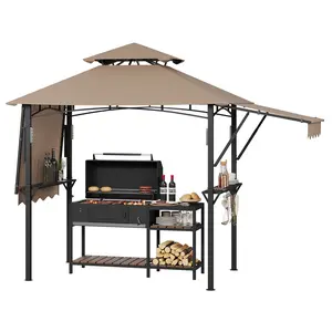 8x5 ft Heavy Duty BBQ Grill Gazebo, Double-Tier Steel Patio Shelter with Adjustable Dual Side Awnings – Includes 2 Utility Shelves, Hooks and Ceiling Light Hook – Perfect for Backyard, Lawn or Garden