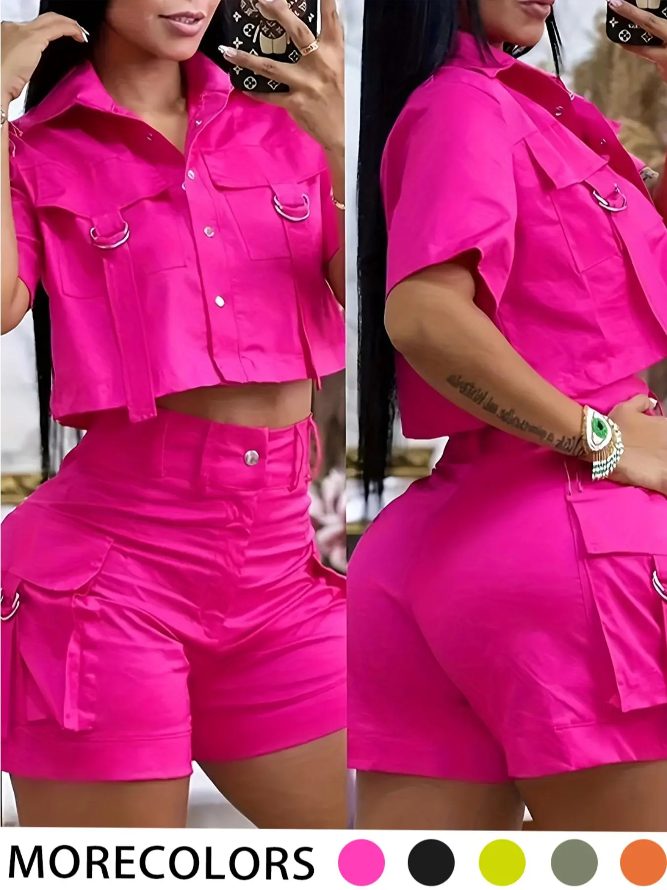 Women's Two-Piece Solid Button-Front Short-Sleeve Collared Crop Top & Shorts Set, Ladies Clothes for Daily Wear, Casual Cute Summer Outfit