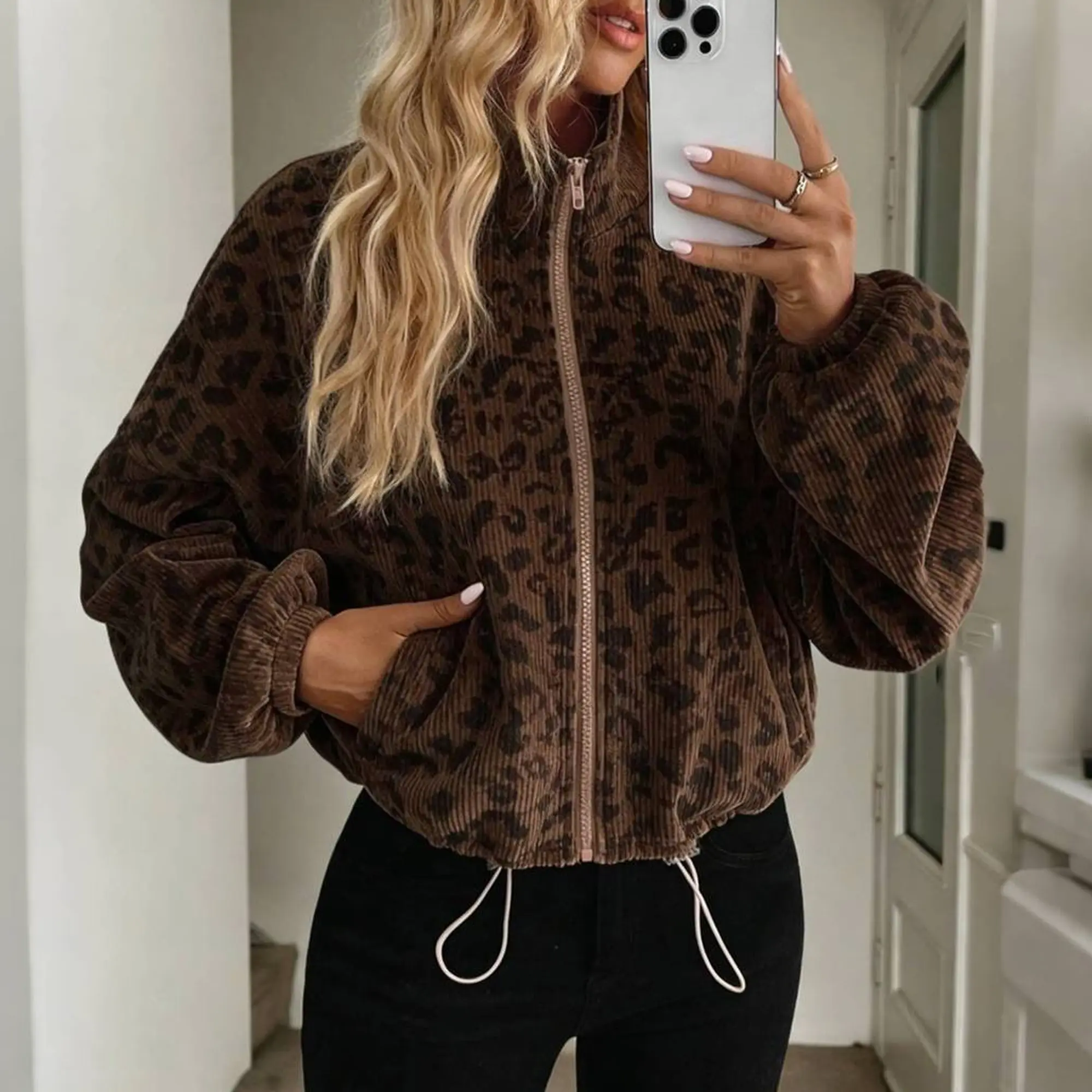 Chicovar Women's Leopard Print Corduroy Jacket, Oversized Cropped Zip Up Jacket with Stand Collar, Drawstring Hem, Puff Sleeve Vintage Sweatshirt for Casual Streetwear, Y2K, School, Fall Winter Outfit,Sohochic