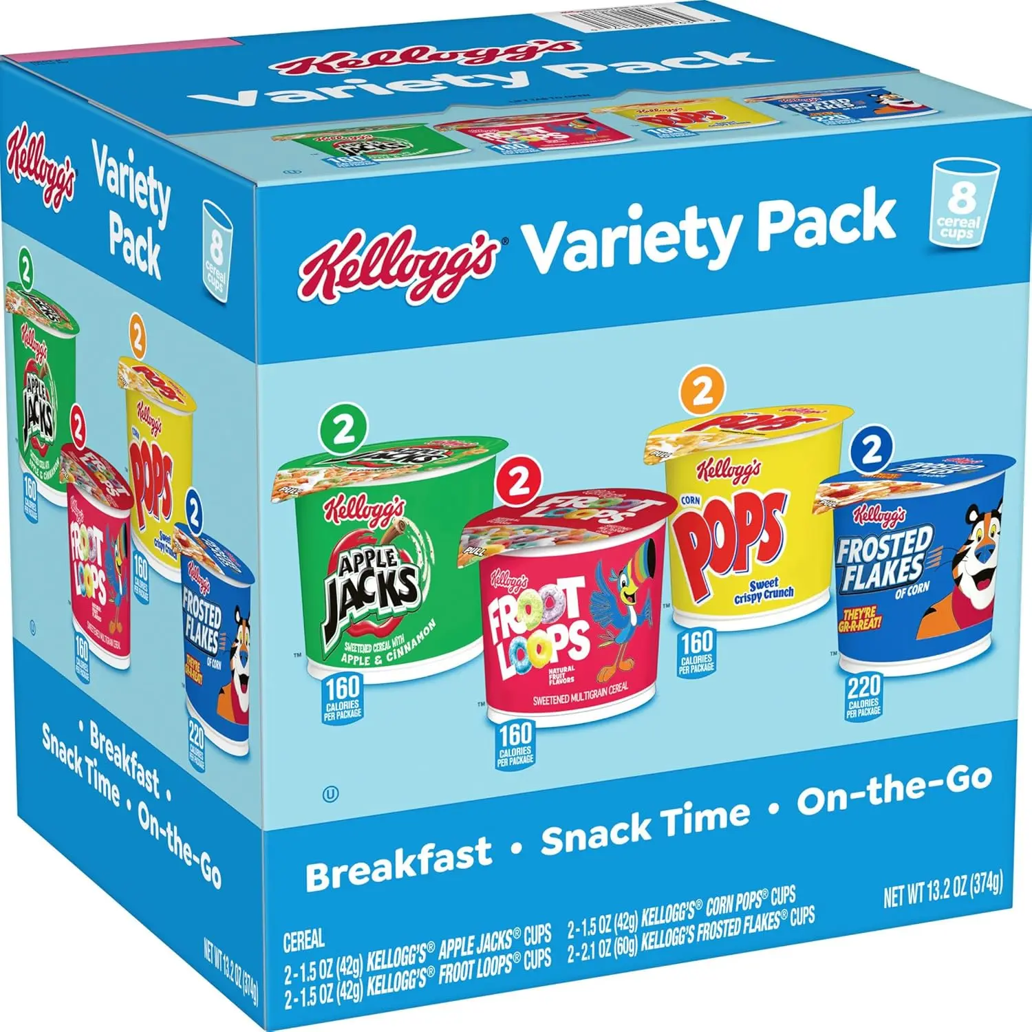 Kellogg's Frosted Flakes, Froot Loops, Apple Jacks, Corn Pops Breakfast Cereal, Variety Pack, 13.2 oz Box (8 Cups)