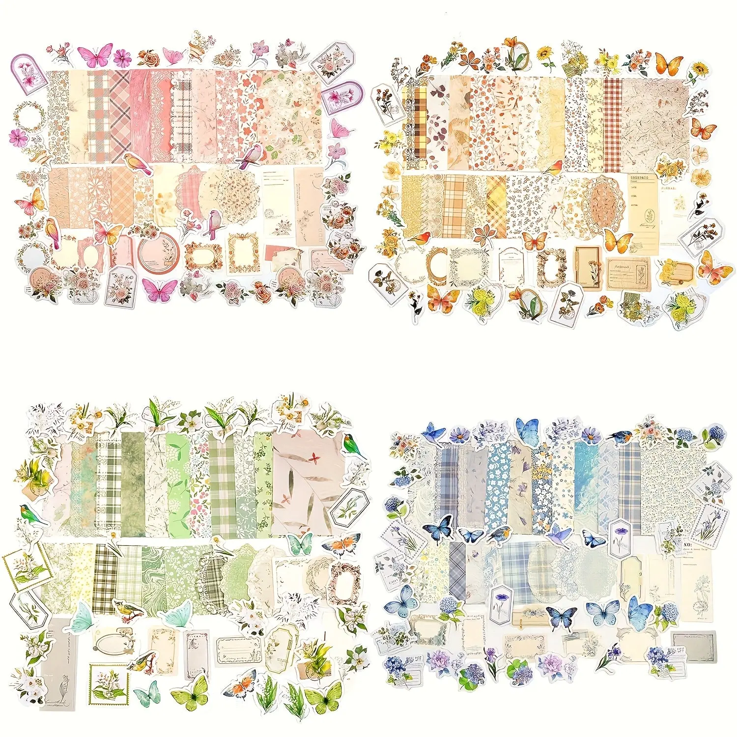 Antique Vintage Scrapbooking Supplies Kit - 4-Pack Assorted Collage Paper, 400pcs Butterfly & Bird Decal Illustrations Stickers, Sticker Book for DIY Journaling, Retro Crafts, Decal Sticker