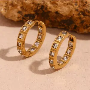 Emerald-Cut CZ Eternity Huggie Earrings – 18k Gold