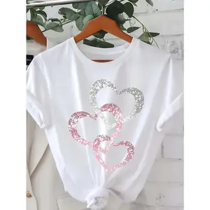 Silvery pink heart-shaped pattern print This product is designed as a printed pattern, rhinestones/sequins are only used for visual effect T-shirt short-sleeved round neck casual tops summer spring Women's clothing