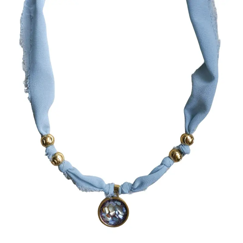 Fragments of Light Handmade Necklace with Blue Ribbon and Gold Beads for Women's Fashion