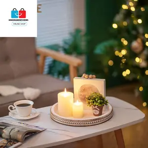 White Washed Bead Round Tray - Decorative Serving Tray for Coffee Table, Rustic Wooden Tray, Farmhouse Centerpiece for Living Room & Kitchen