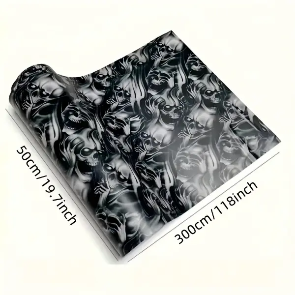 Black Skull Pattern Car Vinyl Wrap Stretchable Waterproof Self-Adhesive Auto Color Change Film, Flexible Removable DIY Decor Sticker for Cars Motorcycle Skateboard Laptop Guitar Multi-Surface Vehicle Wrapping Film Easy Installation