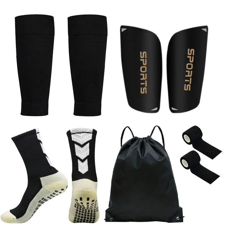 Soccer Sports Protection Gear Set, Unisex 5-Piece Nylon Athletic Kit with Non-Slip Grip Socks, Shin Guards & Leg Sleeves for Football