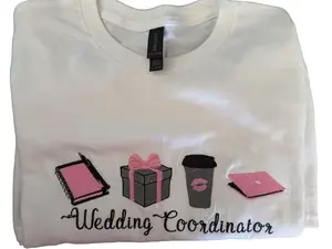 Wedding Coordinator Embroidered T-Shirt Crewneck Sweatshirt for Professionals in Light Pink Light Blue Black & Gray Women Planner Icons shirts