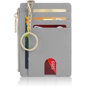 Slim Pocket Wallet, RFID Blocking Credit Card Holder Wallet with D-Shackle ID Window and Detachable  for Women (A-Grey)