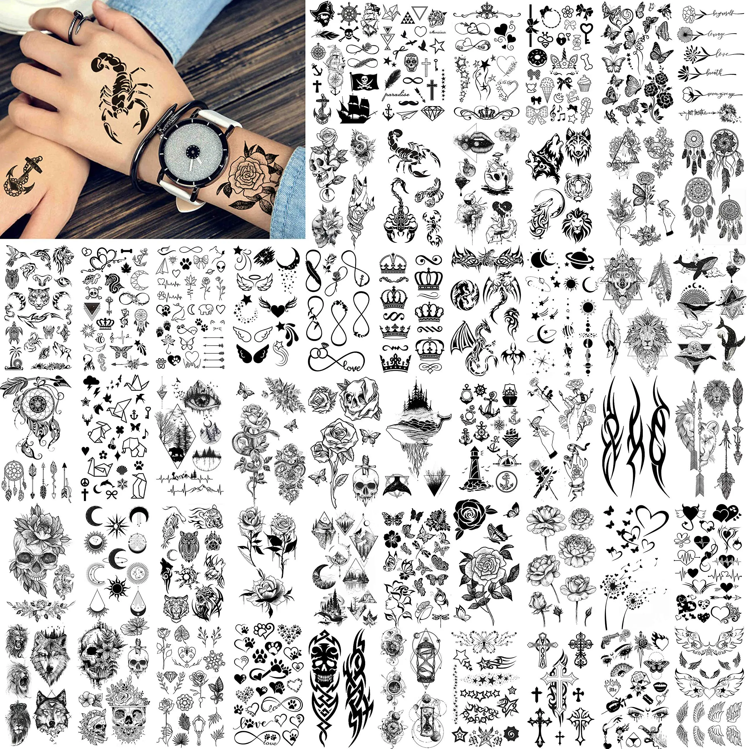 52-Sheet Durable Fake Temporary Tattoo Kit - Removable, Waterproof, Realistic Stickers with Geometric, Crown, Infinity, Star, Letter, Scorpion Designs - For Teens, Ideal for Halloween, Arm, Hand, Day of the Dead Use, 52 Sheets, Fake Tattoos