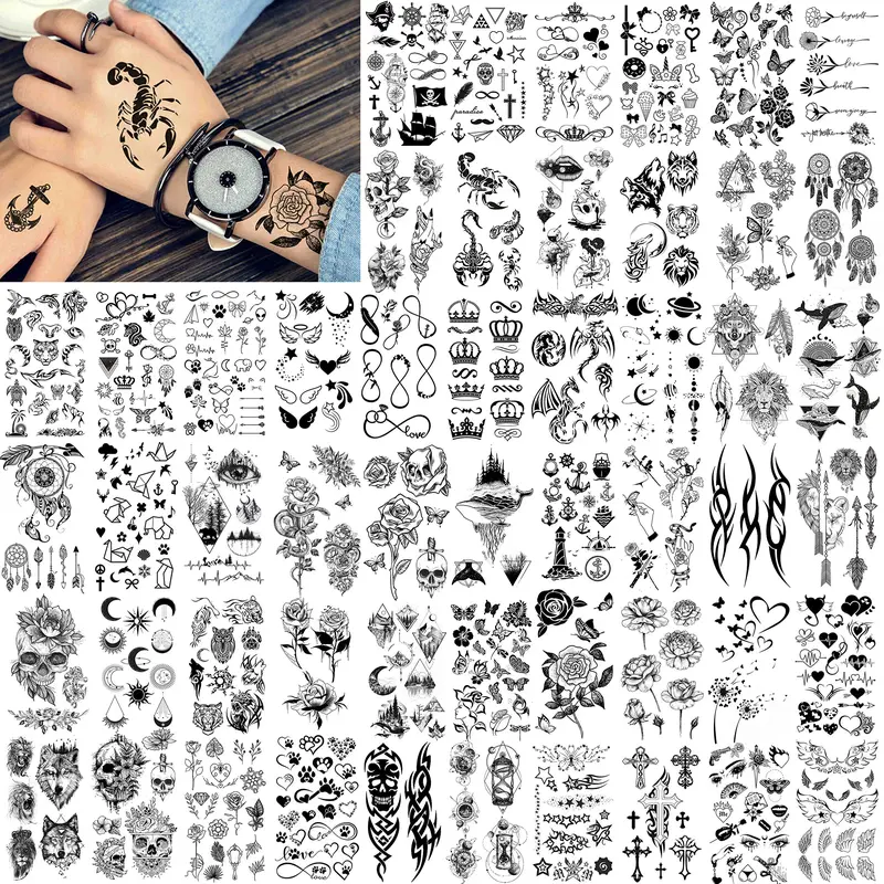 52 Sheets Creative  Black Temporary Tattoos - Assorted Designs of Crowns, Infinity, Triangles, Stars, Letters, Scorpions for Men & Women - Realistic Waterproof Adult Tattoo Stickers for Arm, Hand, Finger, Neck