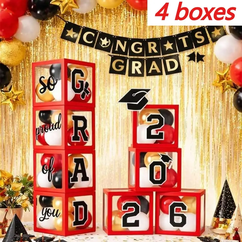 2026 graduation season red and black transparent balloon box decoration, including mortarboard and letter cards, suitable for graduation parties, classroom evening scene arrangements, and photo prop, Graduation Gift, Graduation Party Decorations