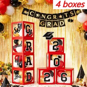 2026 graduation season red and black transparent balloon box decoration, including mortarboard and letter cards, suitable for graduation parties, classroom evening scene arrangements, and photo prop, Graduation Gift, Graduation Party Decorations