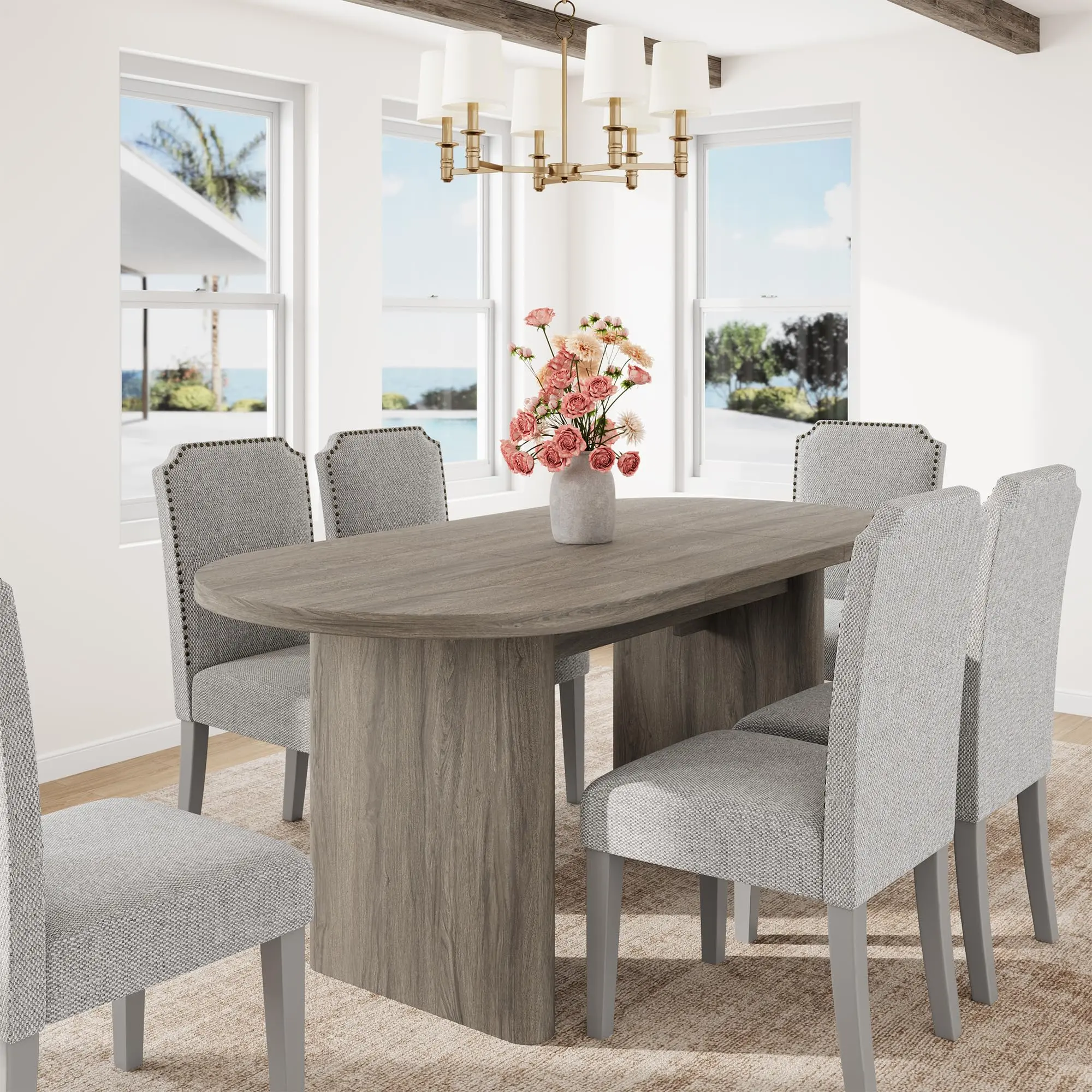 Garvee Oval Dining Table for 6-8 People, Large Kitchen Table with Thick Sturdy Wooden Base, Farmhouse Style for Dining Room, Kitchen, Living Room, Office - 63" Long, Grey Walnut Finish