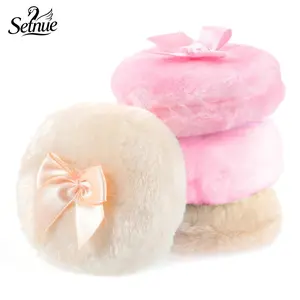 4 Pieces Large Round Fluffy Powder Puff, 3.54'' Ultra Soft Velour Body Powder Puff, Washable Reusable Face Powder Puff with Ribbon Bow for Makeup Setting Loose Powder