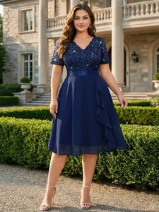 【Plus Size】Missmay P84118A Women's Plus Size Sequin Floral Lace V Neck Ruffle Hem Formal Evening Party Dress